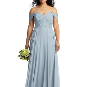Dessy 2970....Off-the-Shoulder Draped Chiffon Maxi Dress....Mist...Size 0